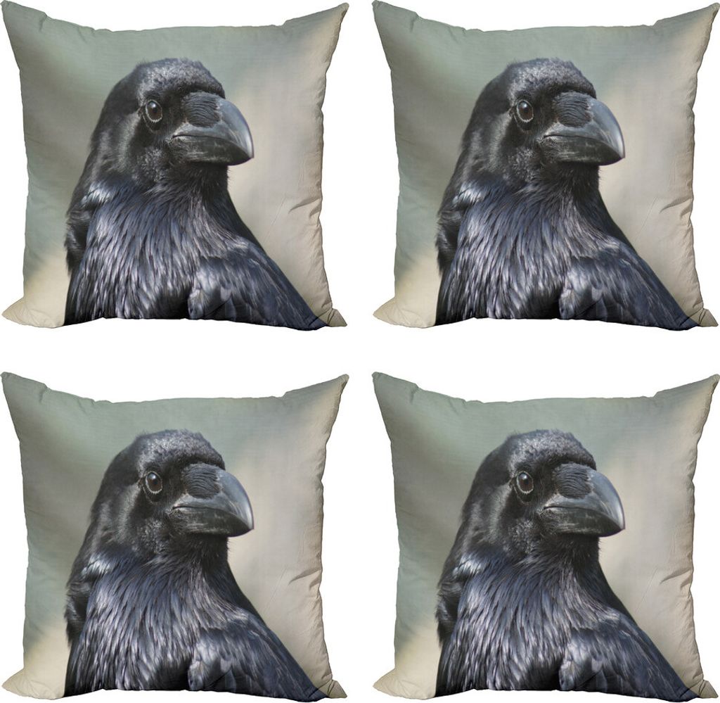 ABAKUHAUS Schwarze Krähe Kissenbezug Set (4 Stück), Nahaufnahme Vogel Portrait, Moderner Doppelseitiger Digitaldruck, 45 cm x 45 cm, Mehrfarbig