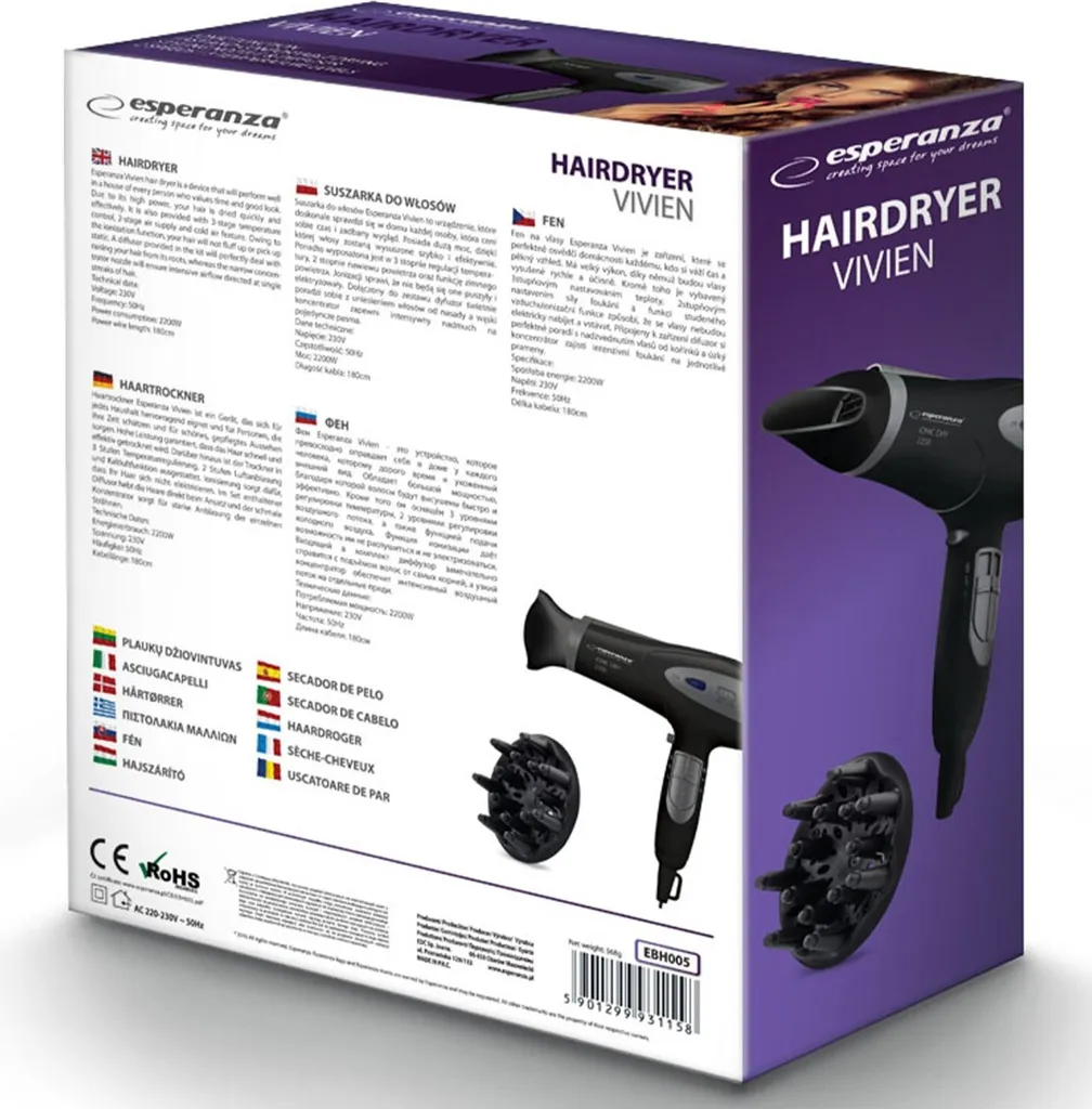 Sèche-cheveux noir ESPERANZA EBH005K idéal pour brushing rapide matin - 9