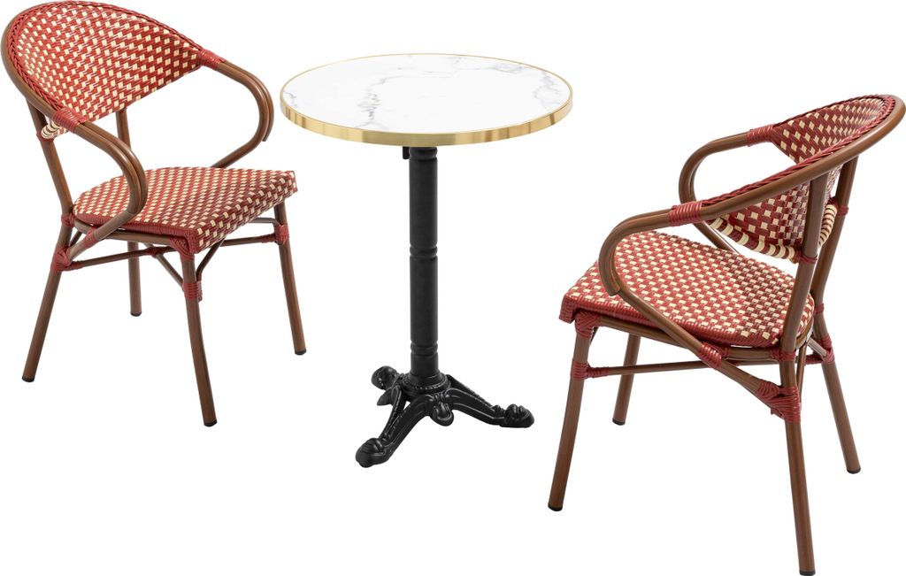 60 cm langer, Terrassentisch aus weißem Marmor und 2 rote Stühle - Oviala Montmartre