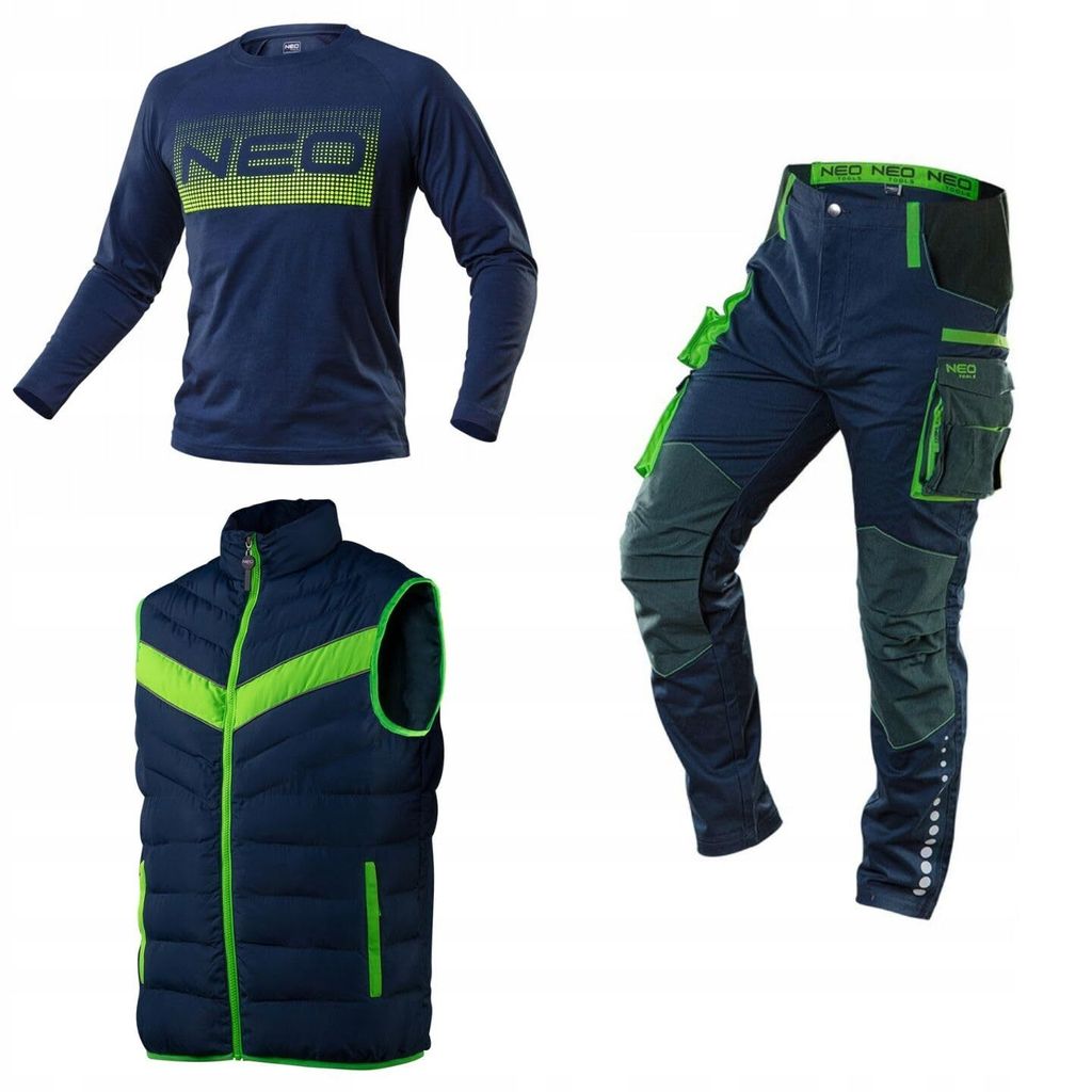 NEO TOOLS Herren Arbeitshose + Arbeitsweste und Langarmshirt (SET) Gr. S(48) - 3XL(58) / modisches Design, Hose