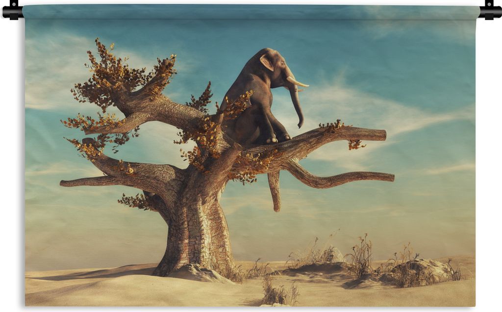 MuchoWow Wandteppich Wandbehang Elefant - Baum - Natur - Wüste 150x100 cm Tapisserie Dekoration Wandtuch - Waschbar - Tapisserien - Wand-Decke