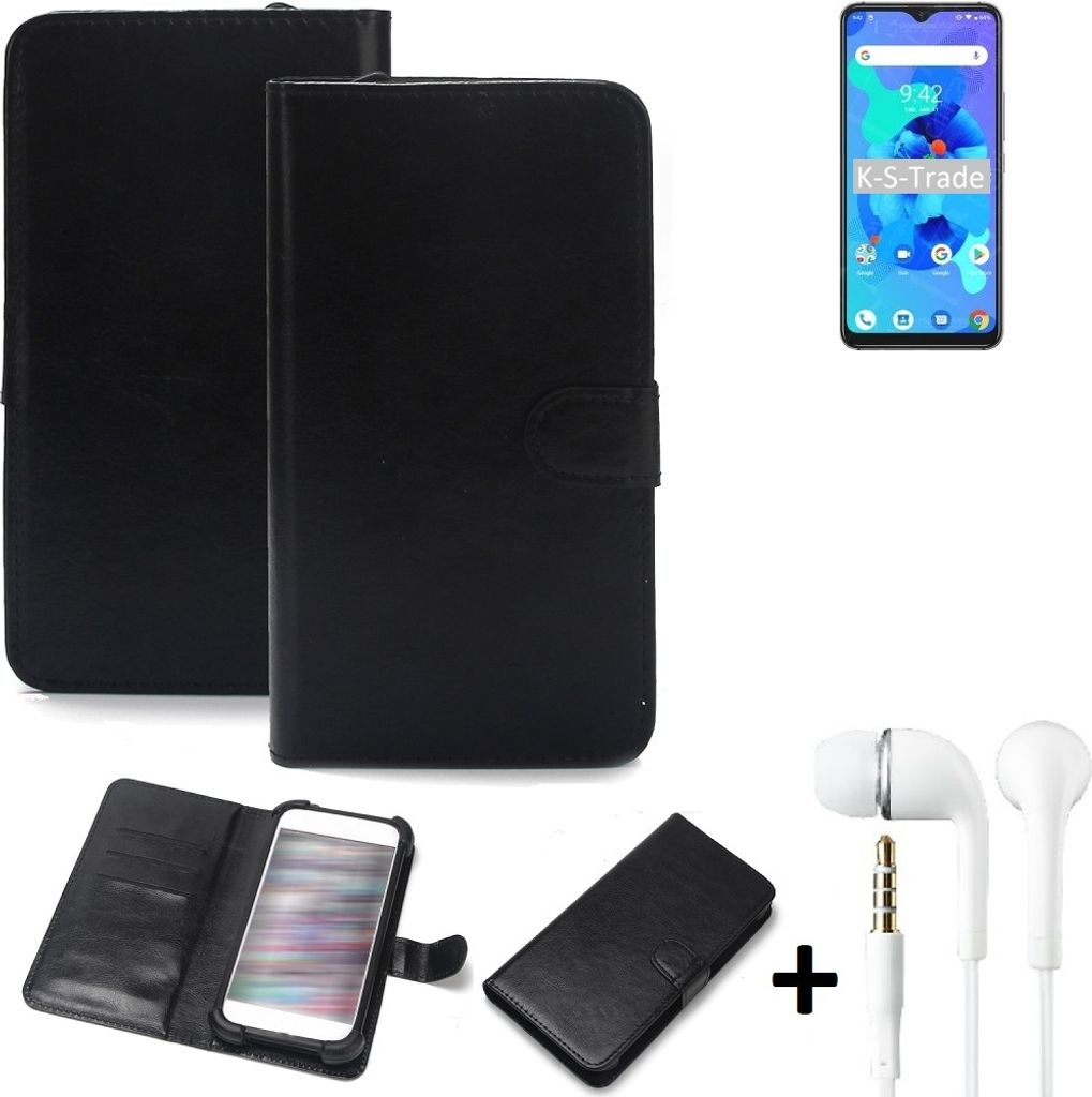 K-S-Trade Wallet Case Handyhülle kompatibel mit UMIDIGI A7 Schutzhülle Flip cover Flipstyle Tasche Hülle Flipcover Slim Bumper schwarz + in ear