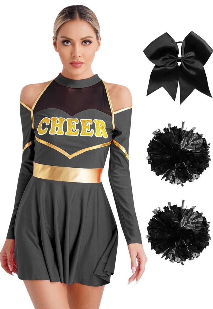 Damen Cheerleader Kostüm Größe S – Langarmig Cheerleading Uniform mit Pompoms & Haarband Perfekt für Halloween, Karneval & Party & Tanzauftritte
