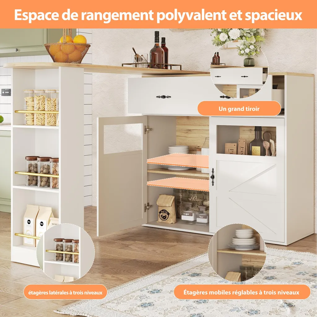 Table de Bar Pivotante 360° Extensible en MDF Blanc avec Rangement - 5