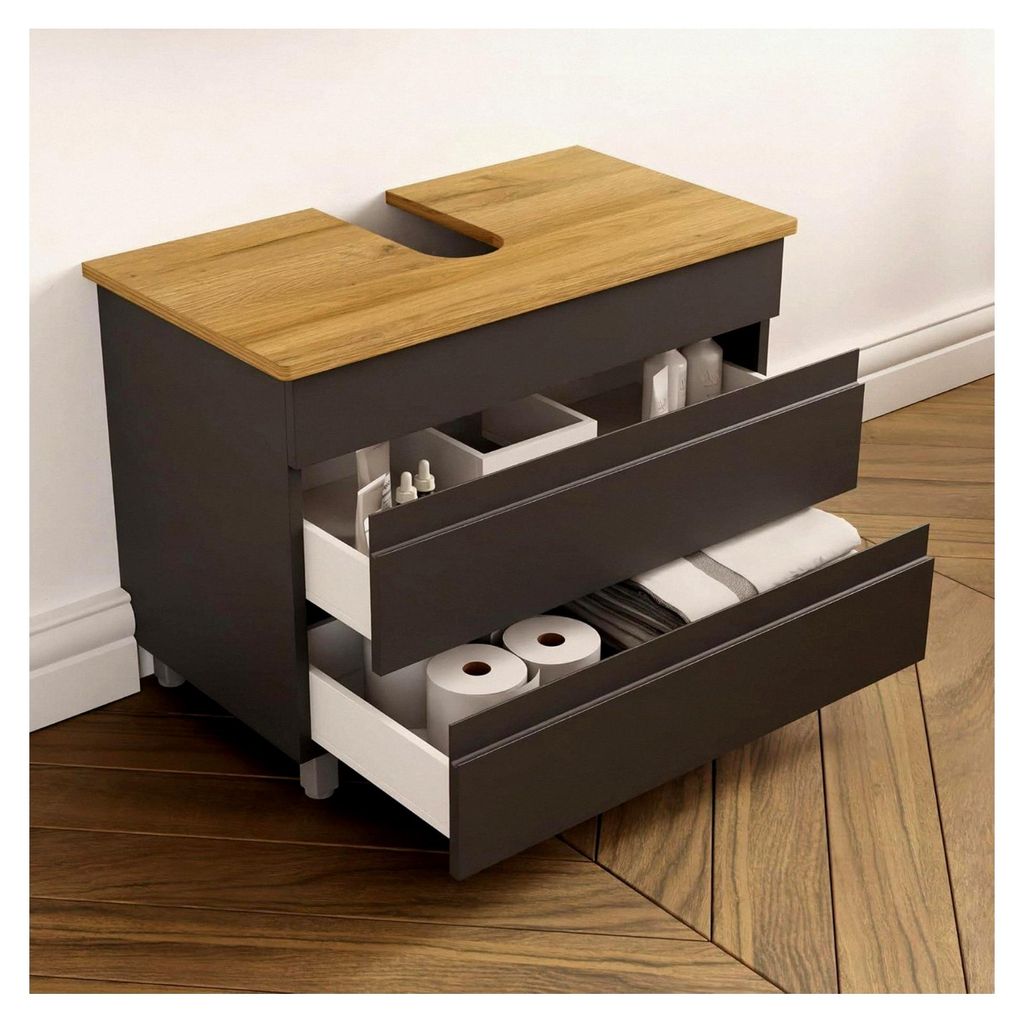 Waschbeckenunterschrank Lara 60/80 cm | Steh-Unterschrank | Badmöbel anthrazit | Konsole mit Siphonausschnitt | Minimalistisch | Gäste-Badezimmer