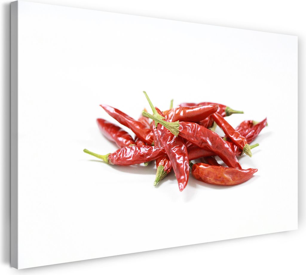 Leinwandbild (60x40cm): Essensbilder Chili-Schoten vor weißem Hintergrund, echter Holz-Keilrahmen inkl. Aufhänger, handgefertigt in Deutschland