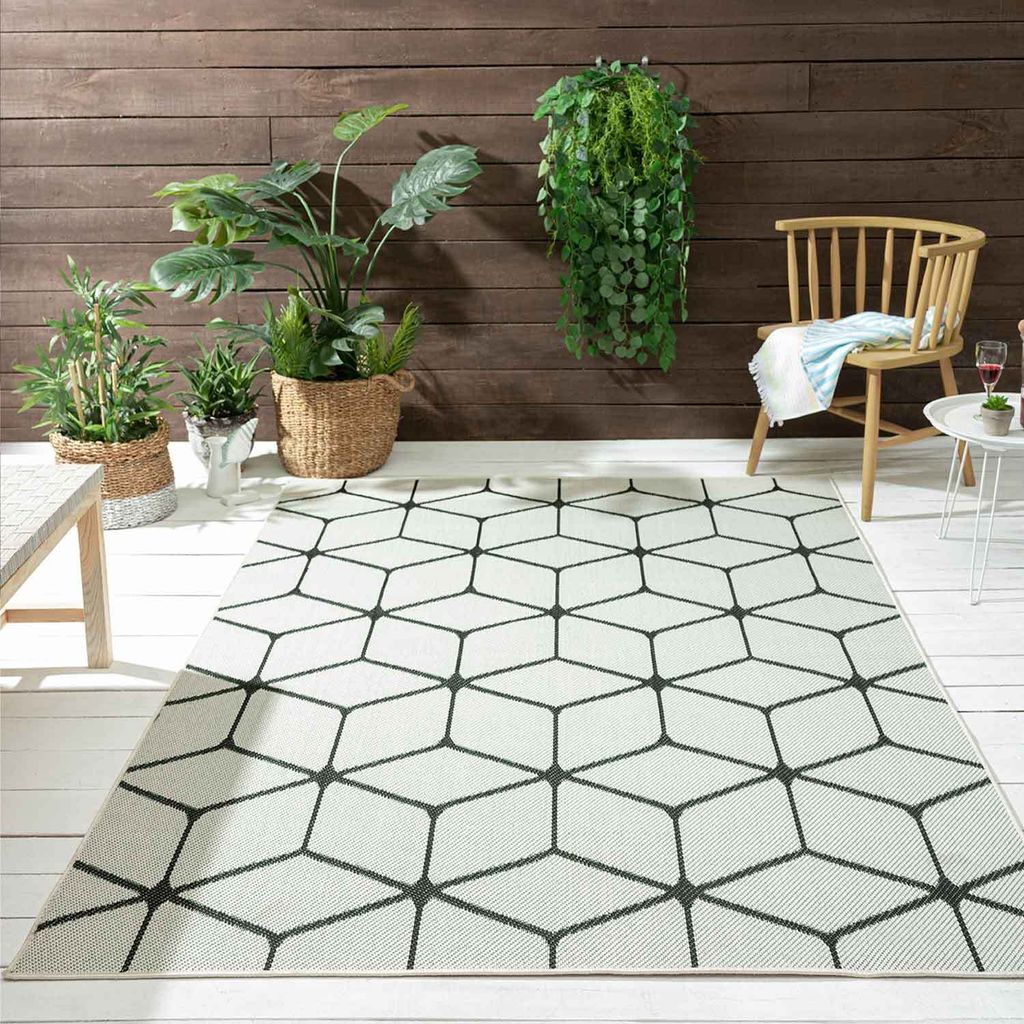 Teppich Rauten Muster In- und Outdoor Tauglich Robuster Flachgewebe 100% Polypropylen Weiß, Maße:60x100 cm