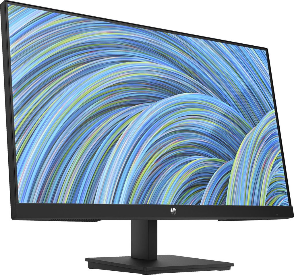 A black computer monitor with a colorful abstract wallpaper displayed on its screen, shown from a side angle on a white background.