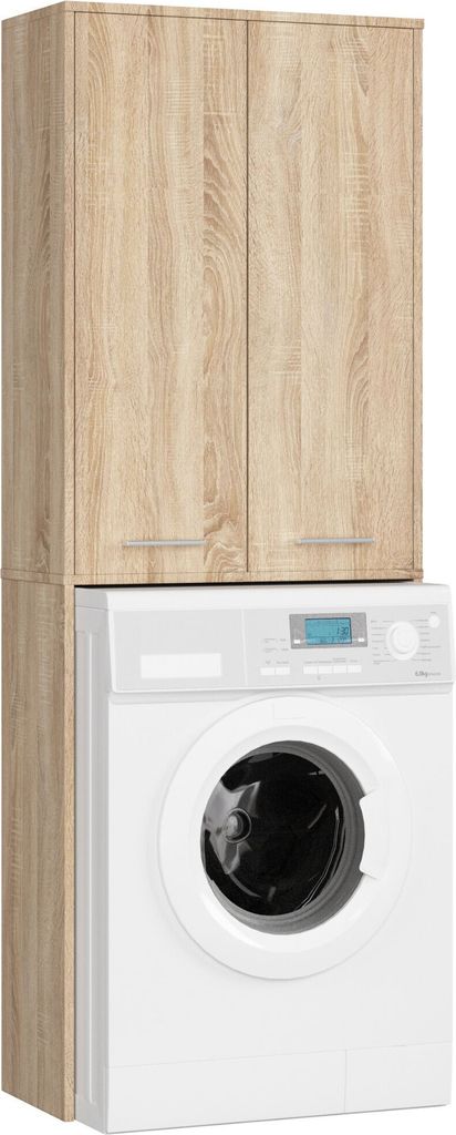 A washing machine cabinet with two doors stacked on top of a white washing machine.