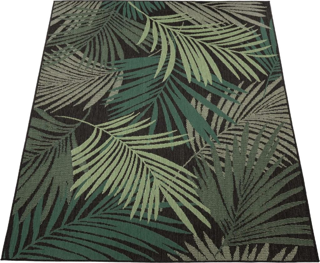 Outdoor Teppich Palmblättermuster Balkon, Terrasse schmutzabweisend Schwarz Rechteckig 240x340 | 100% Polypropylen | pflegeleicht
