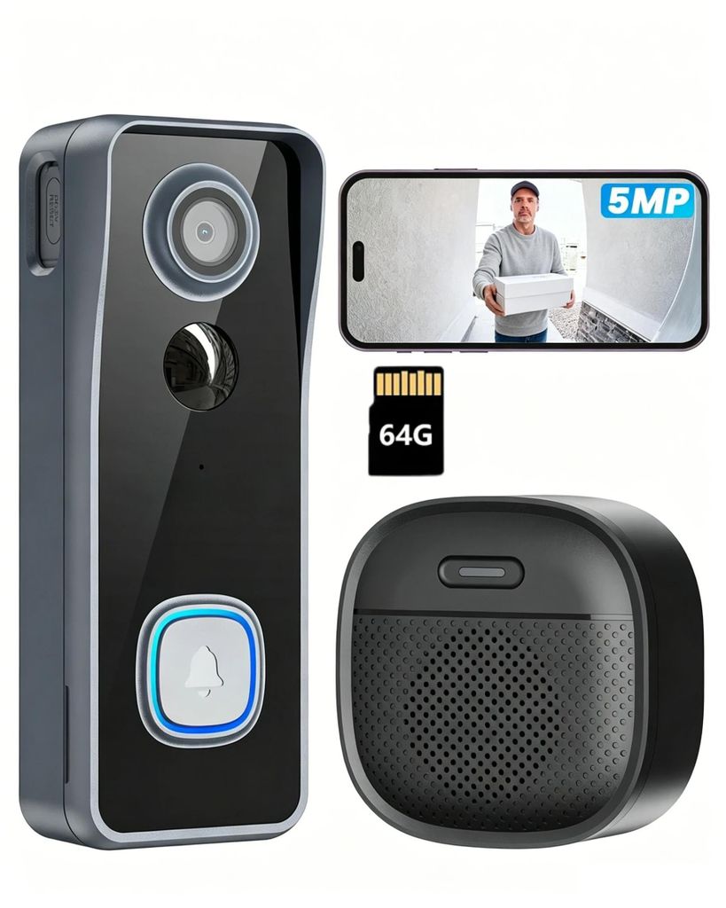 5MP WLAN Video Türklingel mit Kamera 2,5K HD-Funkklingel mit Kamera Alexa Nachtsicht PIR Bewegungserkennung 2-Way Audio TF & Cloud-Speicher mit 64GB
