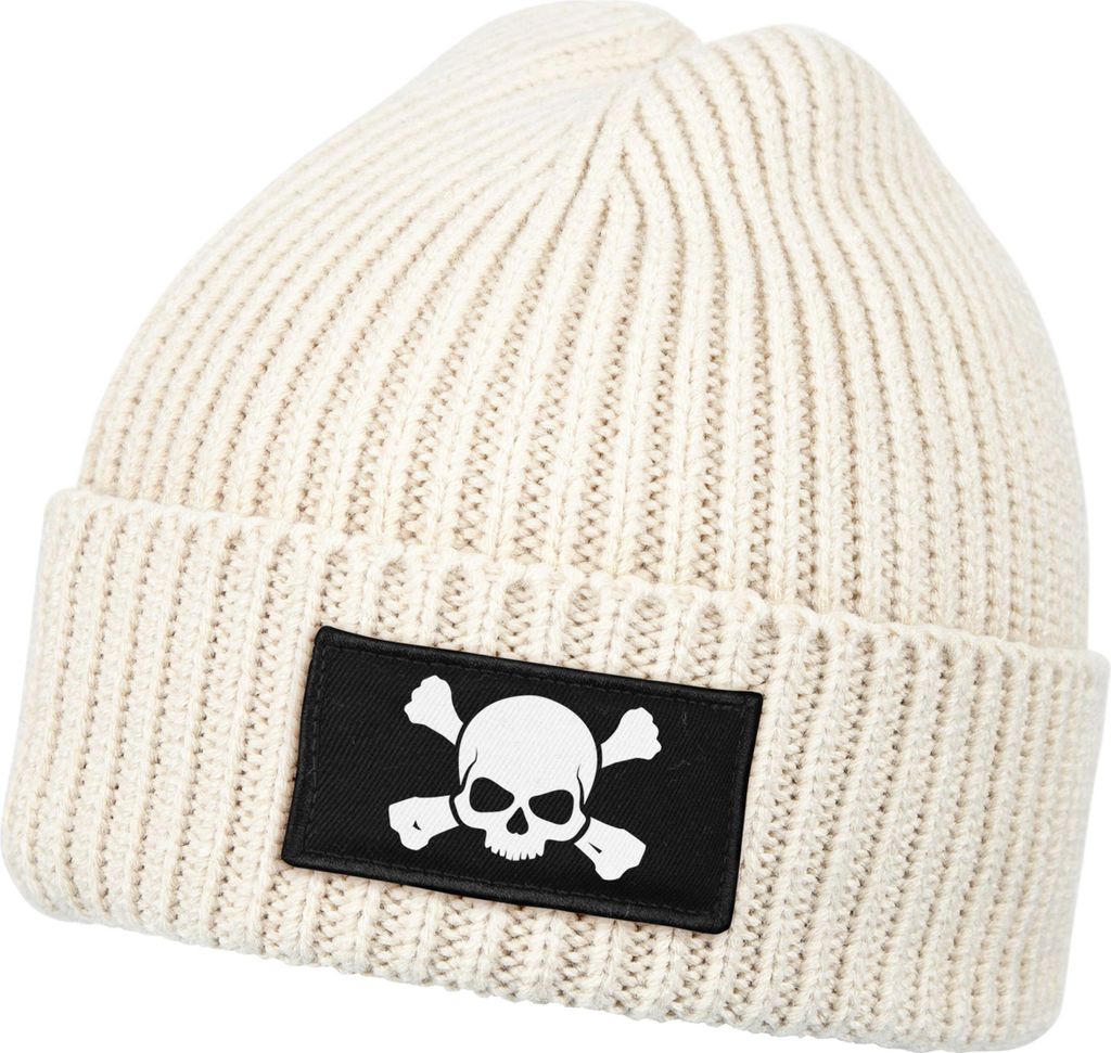 Herren Beanie Wintermütze mit Patch Skull Totenkopf Aufdruck Print Strickmütze Rippstrick Neverless
