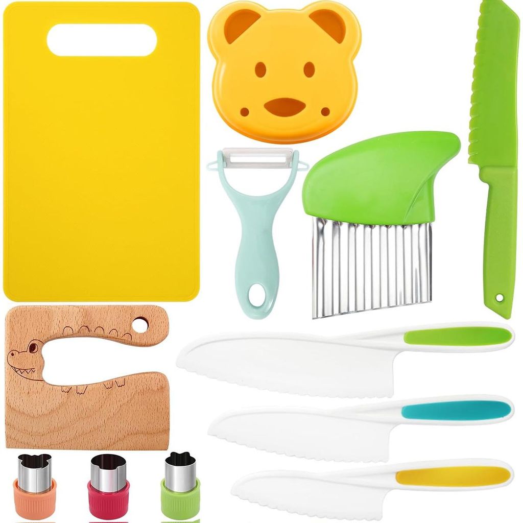 12-teiliges Kindermesser Set – Kindersichere Küchenmesser mit Holzbrett, BPA-frei, Montessori Lernmesser zum Kochen