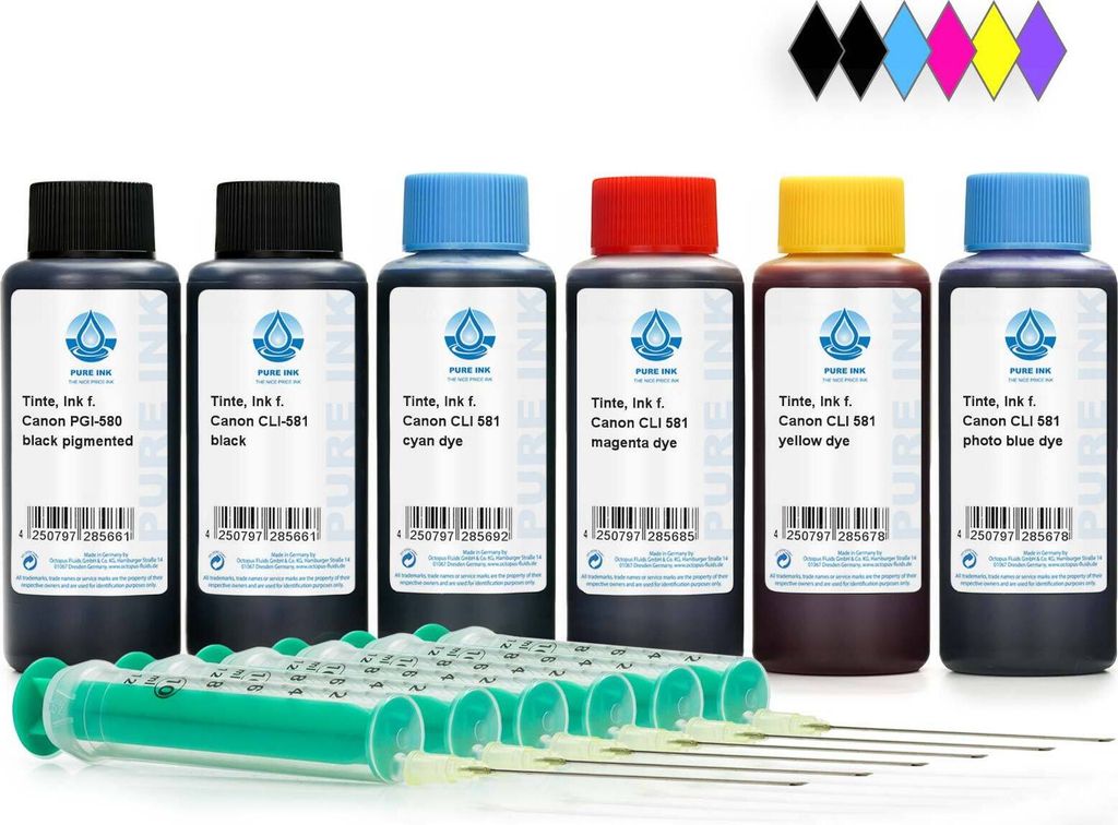 A set of ink bottles and syringes for refilling printer cartridges, displayed on a white background.