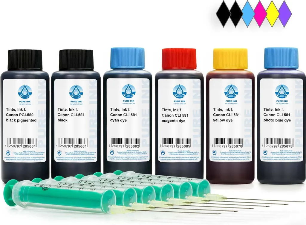 Encre PGI-580 CLI-581 recharge pour Canon avec Photo Blue, lot de 6
