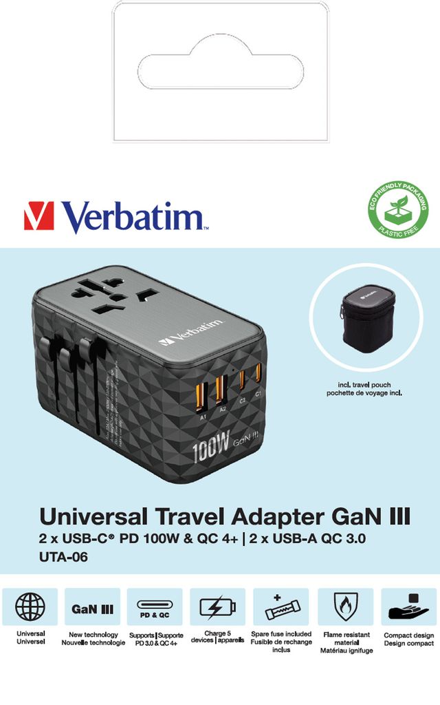 GaN III-Universal-Reiseadapter UTA-06, 100 W, USB-A, USB-C, Schwarz