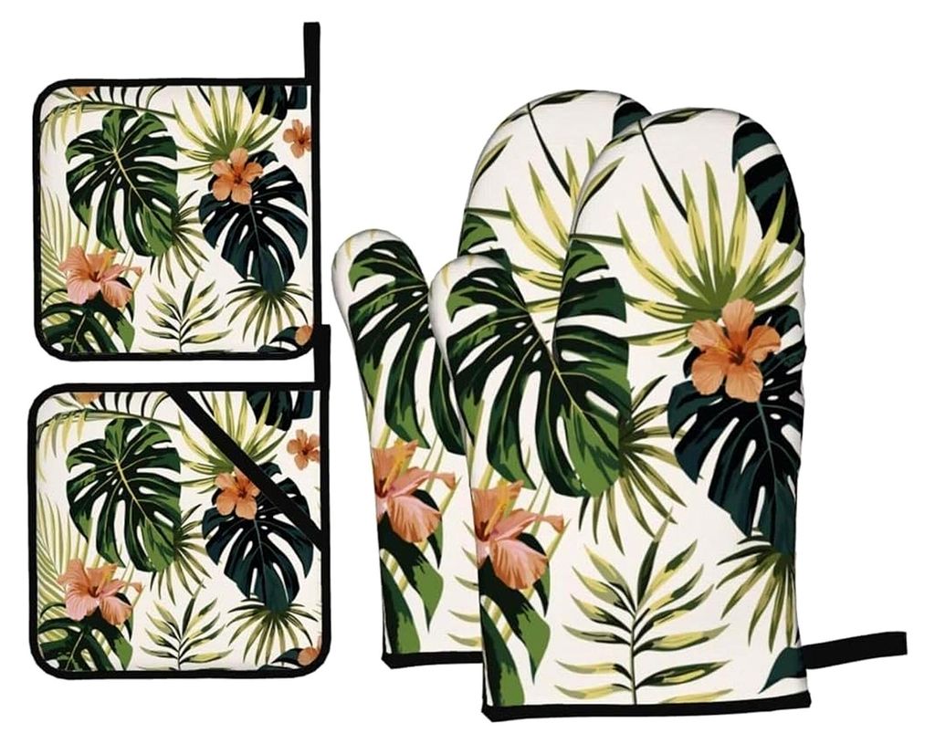 Ofenhandschuhe und Topflappen-Set mit Palmblätter-Muster, 4 Stück, für Backen und Grillen