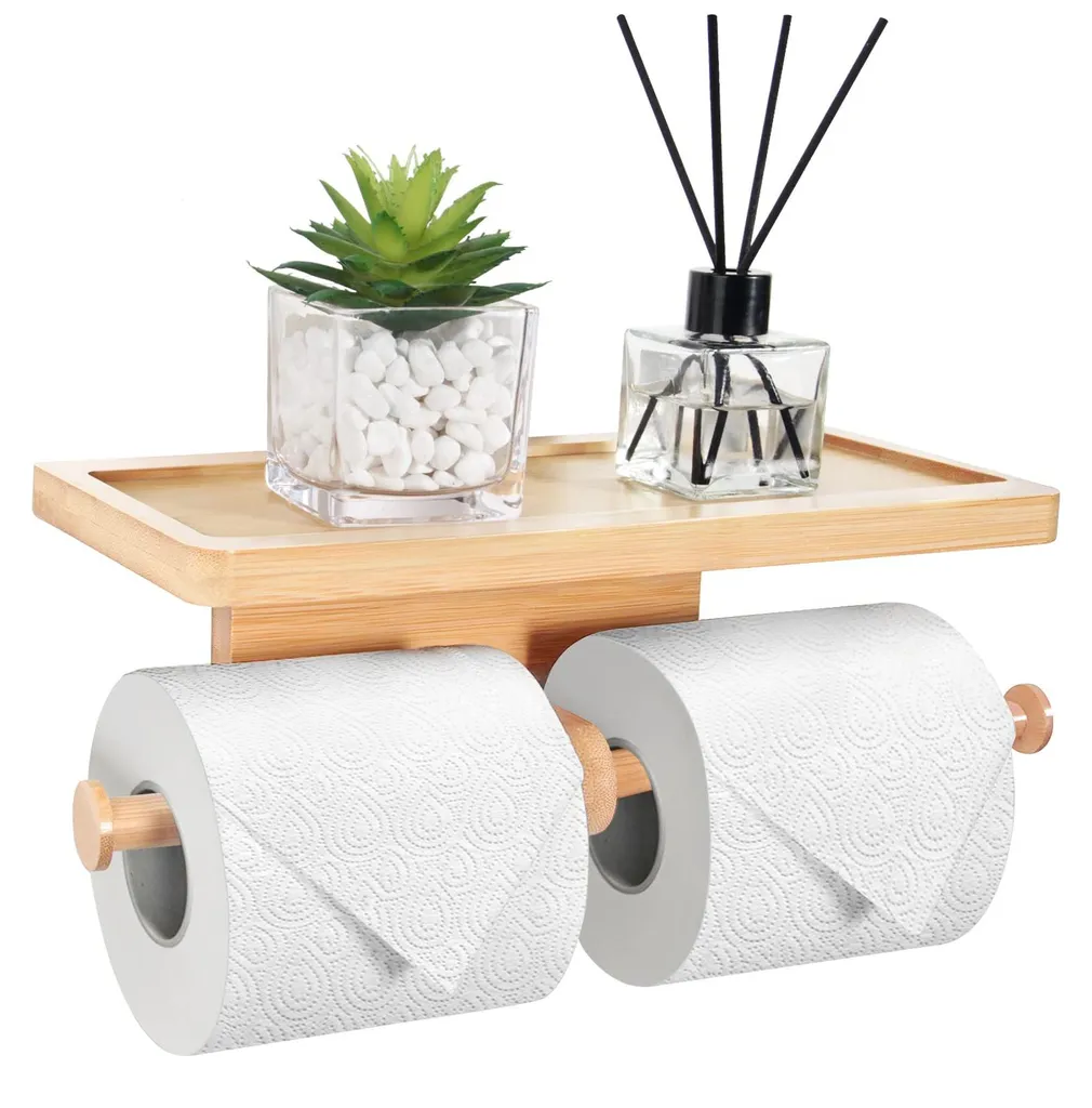 Porte-rouleau double pour toilettes en bambou avec support smartphone