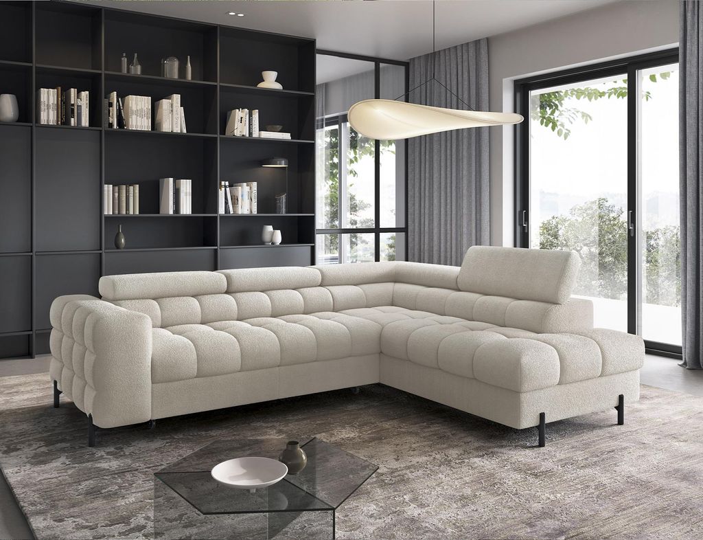 Ecksofa, Polsterecke, Eckcouch Wohnlandschaft Sofa mit Ottomane Eckgarnitur - Ecksofa Ferrucio R - Creme (Royal 18)