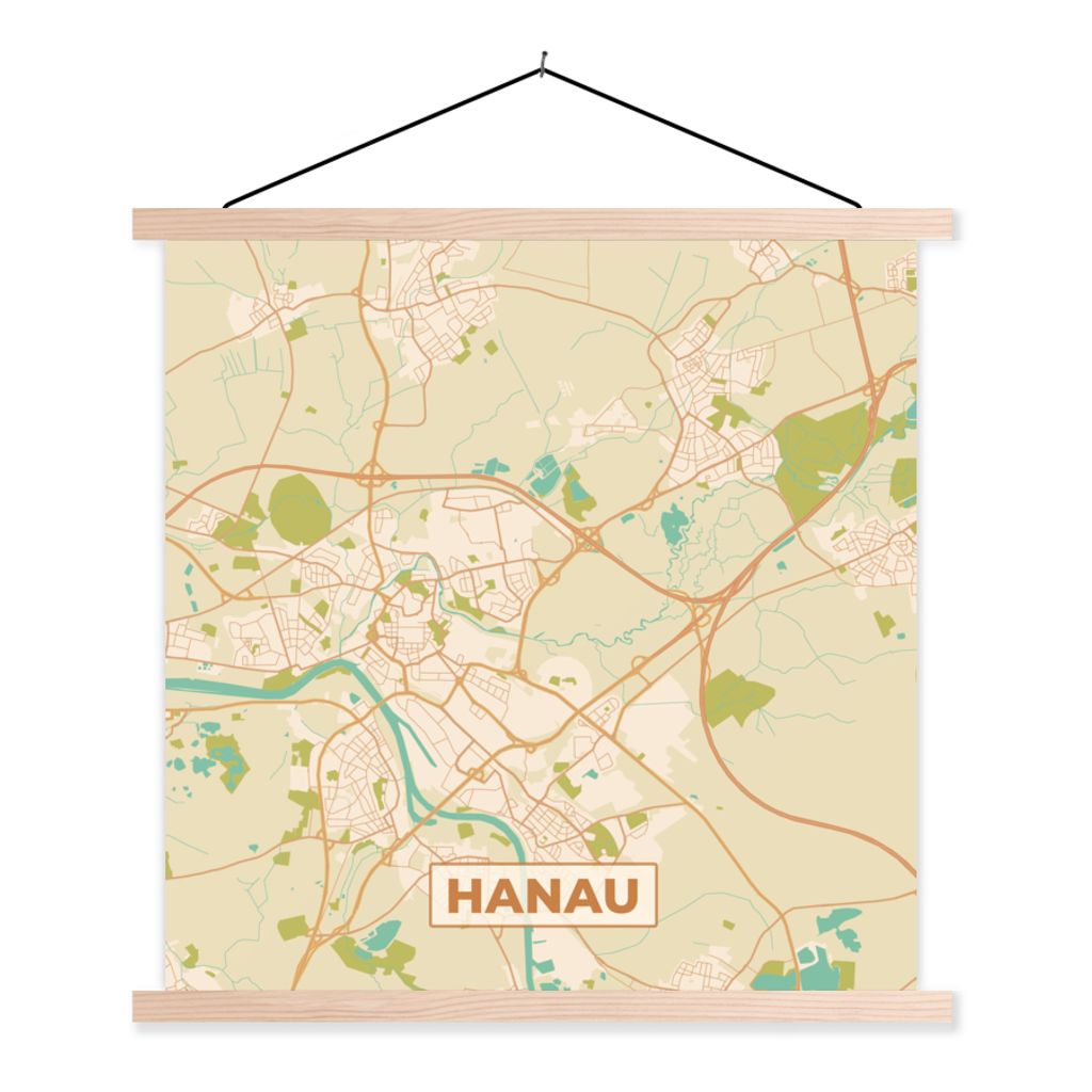 MuchoWow Textilposter Hanau - Karte - Vintage - Stadtplan 60x60 cm mit holzfarbenen Rahmen - Wanddekoration