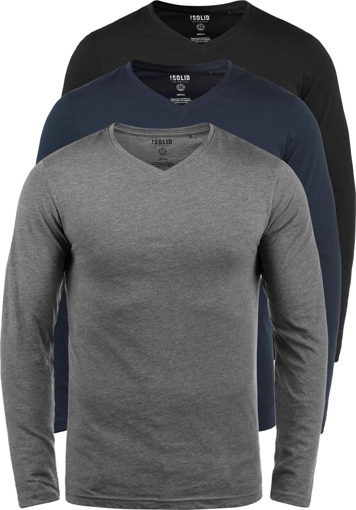 SOLID SDBasil Herren Longsleeve Langarmshirt Basic Shirt im 2er Pack oder 3 er Pack mit V- Ausschnitt 3er Pack Baumwollmischung Slim fit