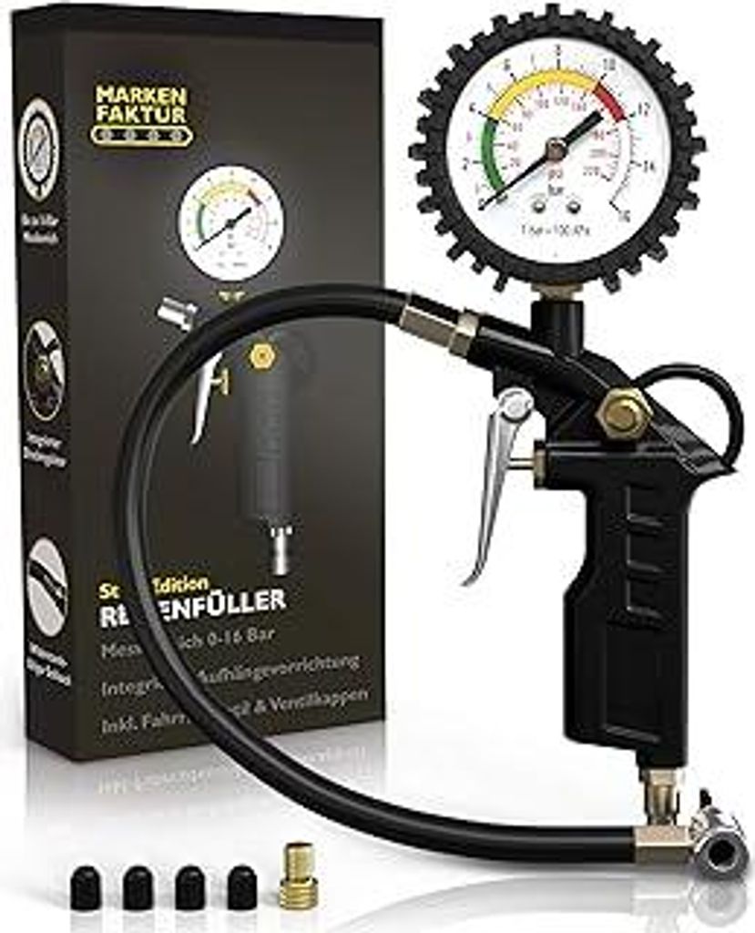 Reifenfüller - Manometer-Messbereich: 0-16 bar - Universal Reifendruckprüfer mit integriertem Druckregulator - Reifenfüller Manometer - Luftdruc...