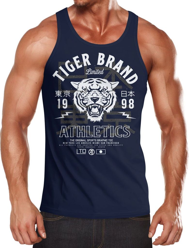 Cooles Herren Tank-Top Tiger Brand Tokyo Supply Japan Athletic Sport Muskelshirt Muscle Shirt Neverless navy-weiß M