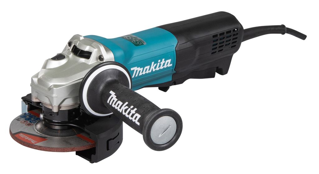 A studio shot of a Makita angle grinder on a white background.