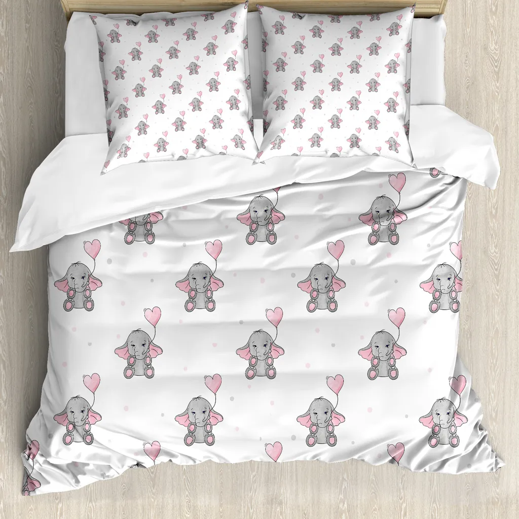 ABAKUHAUS Elephant Nursery Copripiumino, cuori e palloncini, antiacaro, adatto a chi soffre di allergie, con federe, 200 cm x 200 cm - 80 x 80 cm, grigio, rosa pallido, bianco