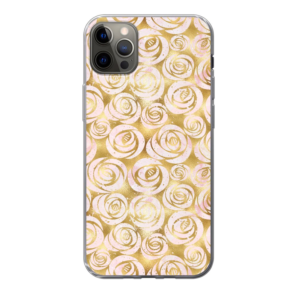 MuchoWow Handyhülle Schutzhülle Hülle für iPhone 12 Pro Max Marmor - Gold - Rosen - Muster Silikon Softcase Handy Hülle - Hartschale