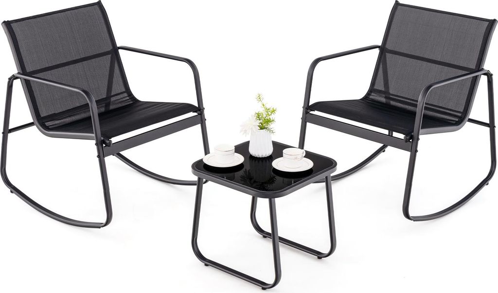 3-teiliges Schaukel-Bistro-Set, Terrassenmöbel-Set mit 2 Schaukelstühlen & Glastisch, Outdoor-Schaukelstuhl-Gesprächsset für Veranda, Balkon, S...