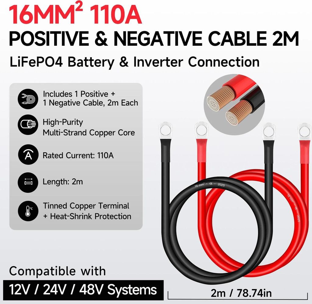 Batteriekabel - Set Mit 2 Kabeln - 16 mm² 110 A - 2 m - Für Wechselrichter/LiFePO4 12V/24V/48V - Plus & Minus