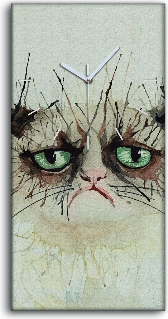 Wandkunst Leinwand Bild Uhr Geräuschlos Kunstdruck 30x60 Aquarell Katze Tier - weiße Hände