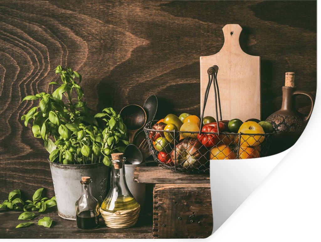 MuchoWow Wandtattoo Wandsticker Wandaufkleber Gemüse - Kräuter - Rustikal - Stilleben - Basilikum 80x60 cm Selbstklebend und Repositionierbar -...