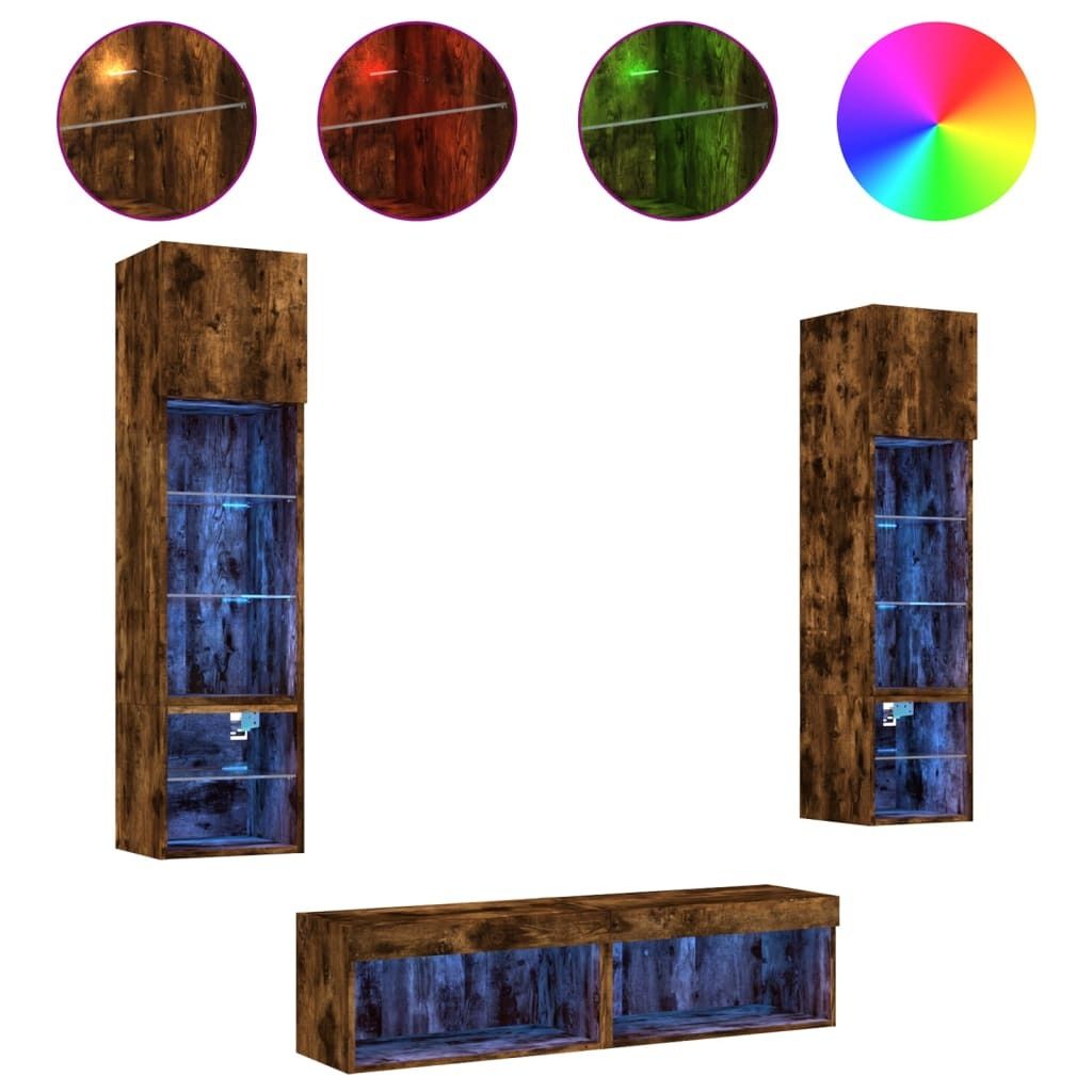 6-tlg. Wohnwand mit LED-Beleuchtung Räuchereiche Holzwerkstoff