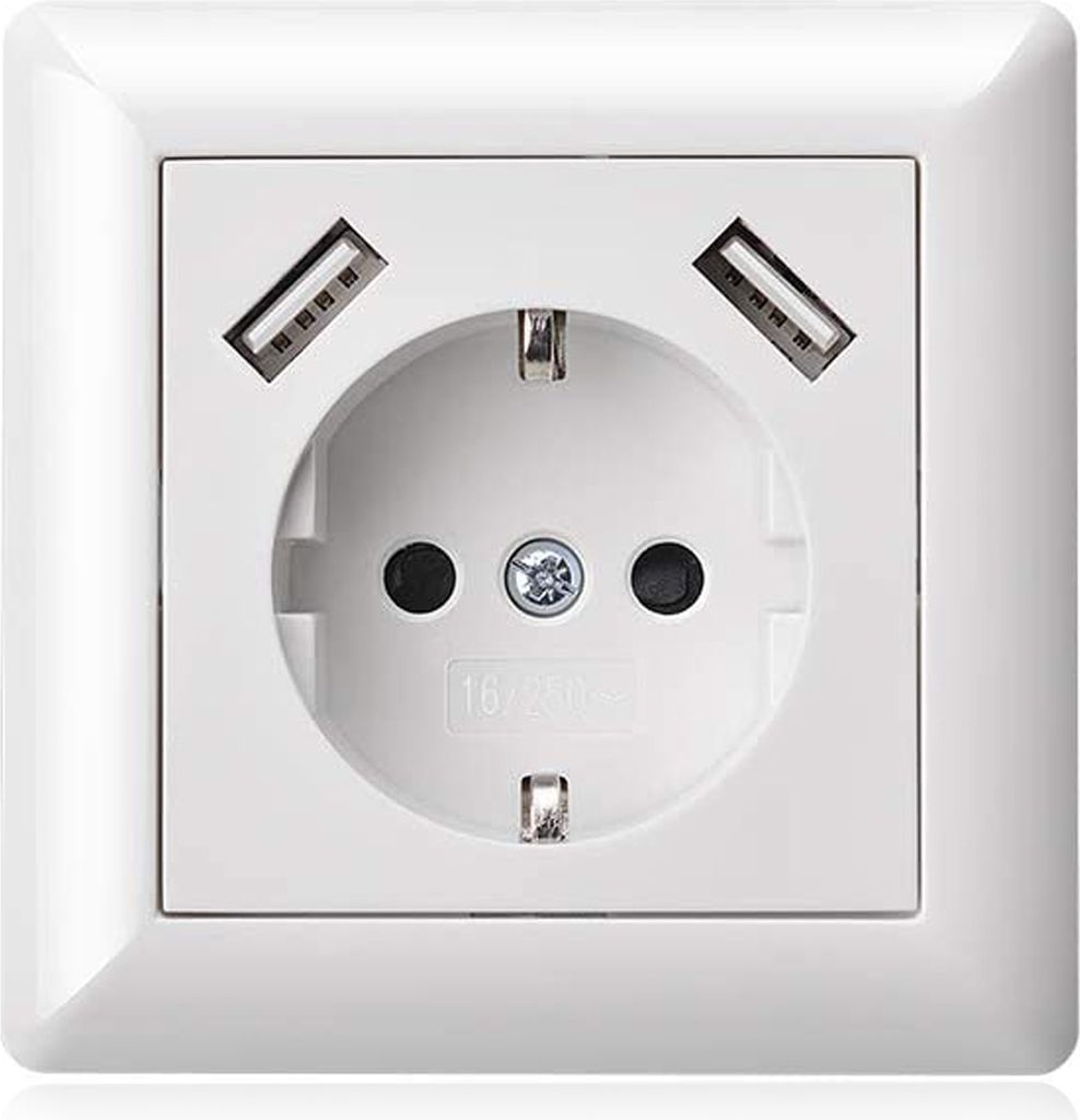 Minadax Schutzkontakt USB Steckdose 5V 3,4A mit 2x USB Unterputz Weiss Glänzend - nur 32mm Tief