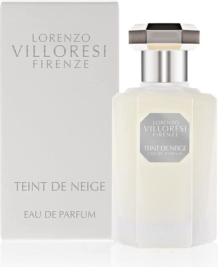 A bottle of Lorenzo Villoresi Teint De Neige Eau De Parfum and its packaging.