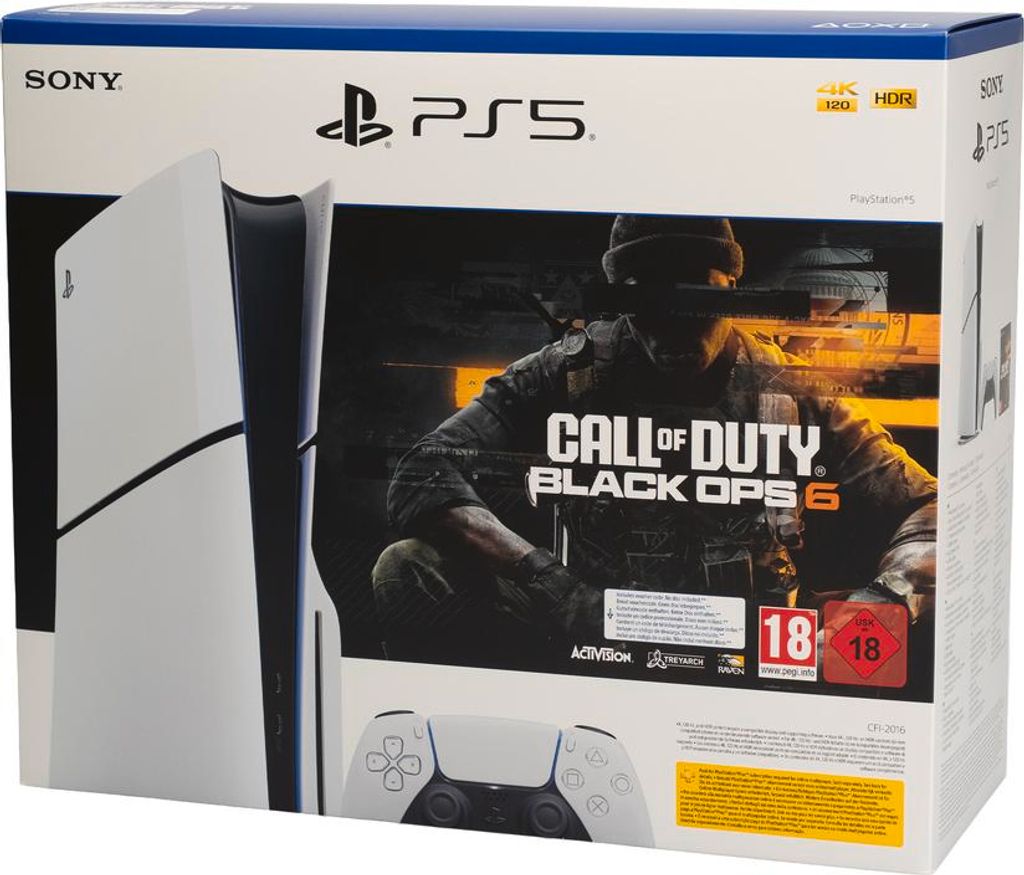 The image shows the retail packaging for a Sony PlayStation 5 Slim console bundle, featuring Call of Duty: Black Ops 6. The box displays the console, a controller, and game artwork.