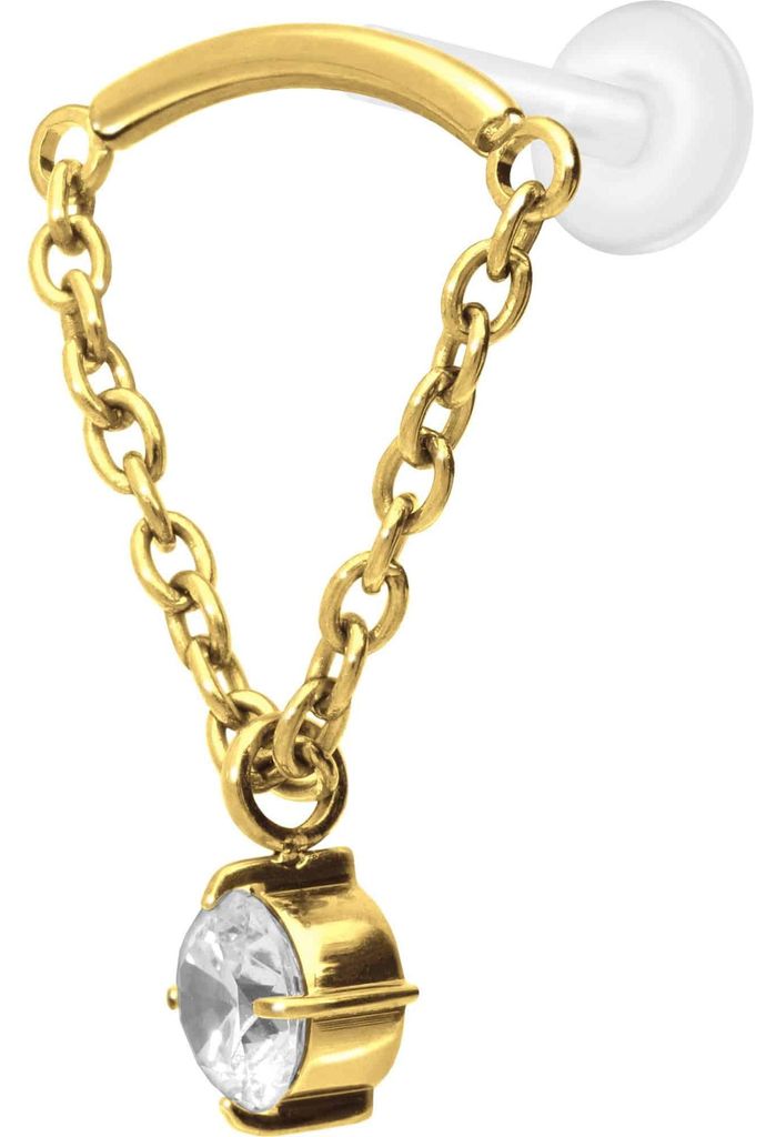 Ohrpiercing, Nasenpiercing PTFE Labret mit Innengewinde + Titan-Aufsatz BOGEN + KETTE + KRISTALL Gold Stablänge: 10mm | Stabstärke: 1,2mm