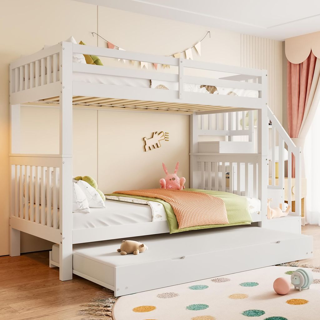 MODFU Etagenbett Kinderbett 90 x 200 cm mit ausziehbares Bett 90 x 190 cm, Hochbett mit Rausfallschutz und 3x Lattenrost für Kinder, Weiß(Ohne Ma...