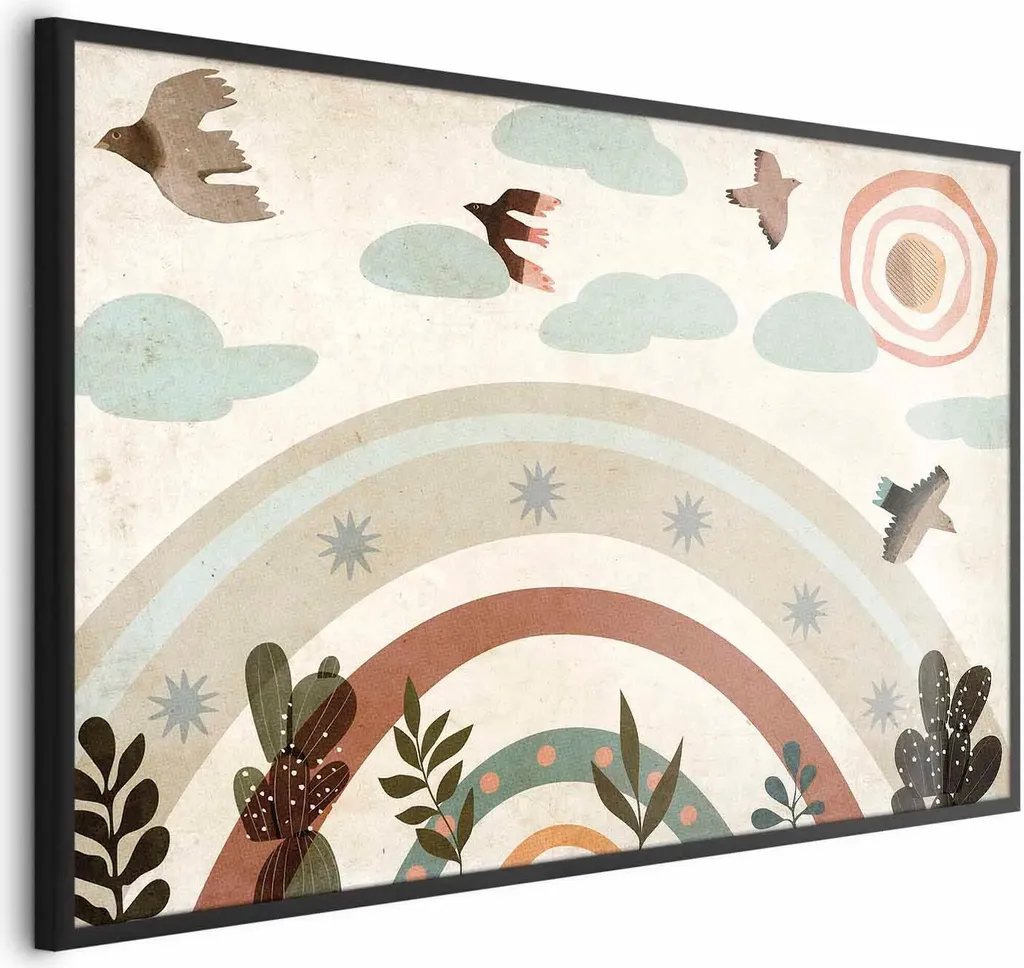 Arte da Parete Arcobaleno e Uccelli 60x40 - Cornice Nera Decorativa - 1