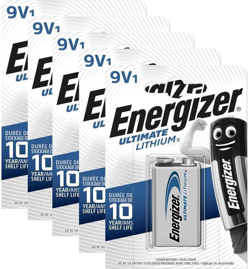 5 x Energizer 9V Block Lithiumbatterie Blockbatterie 4LR61 ideal für Rauchmelder