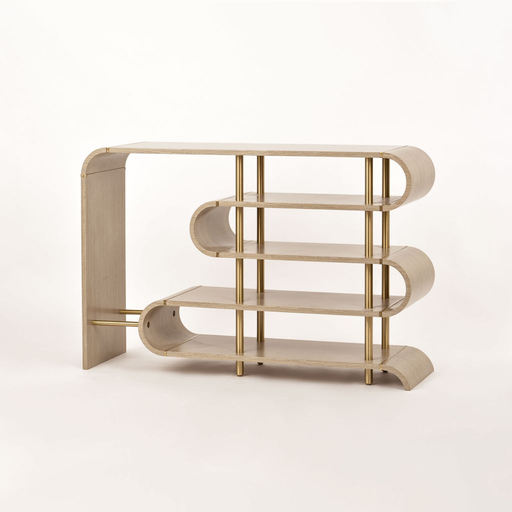 Stilig ST962 Konsole Grau mit Goldbeinen, 4 Regale, Sinusform, 122x36x81 cm