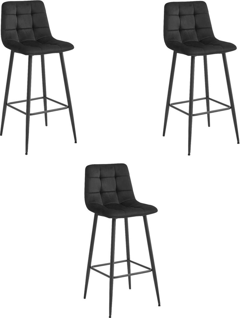 Valora ARCETO Hocker 3er-Set - Schwarzer Samt & Schwarze Beine | Moderne Akzent-Sitzmöbel