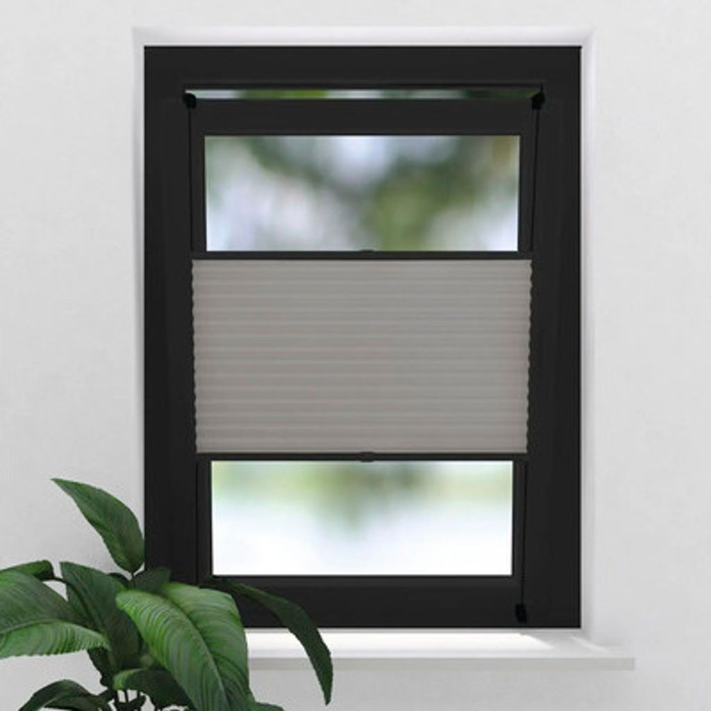 SOLUNA Faltenplissee mit Seitenverspannung und farblich abgestimmter Mechanik ohne Bohren hellgrau schwarz 50x130 cm