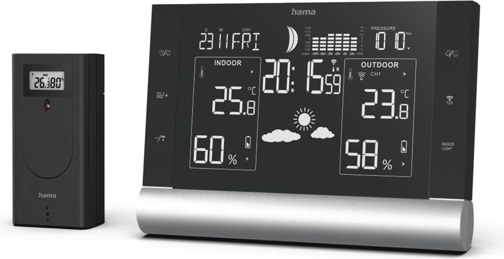A black weather station with a separate sensor unit, displayed on a white background.