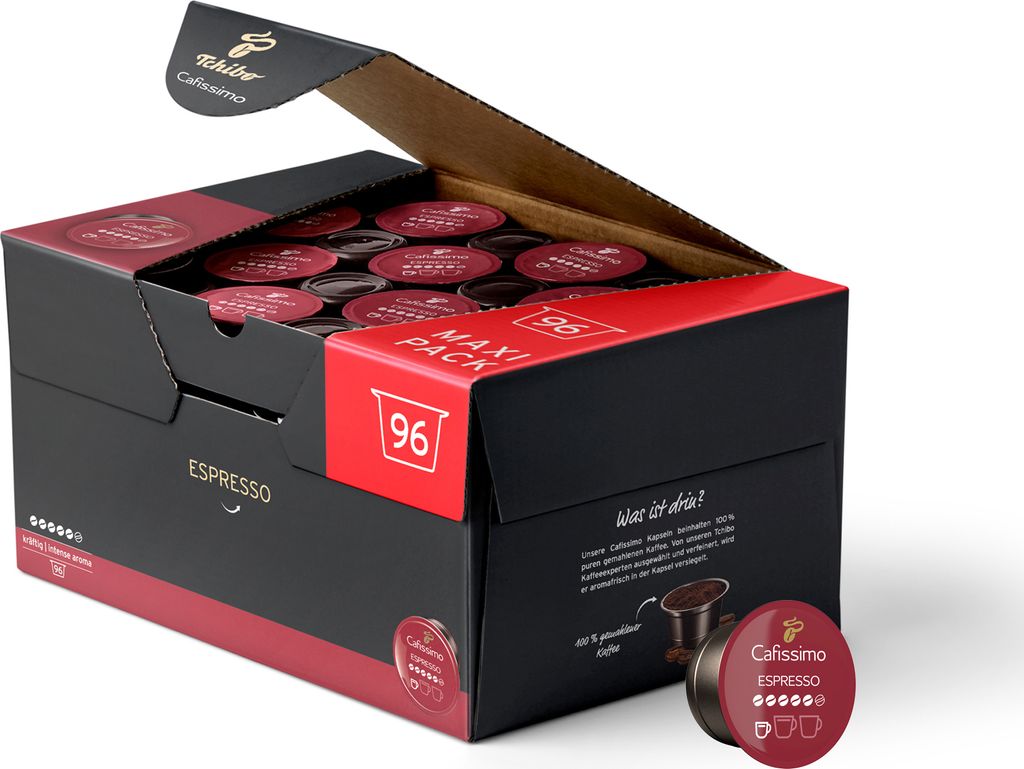 Tchibo Cafissimo Vorratsbox Espresso kräftig Kaffeekapseln, 96 Stück (Espresso, intensiv mit kräftigen Röstaromen), nachhaltig & fair gehandelt