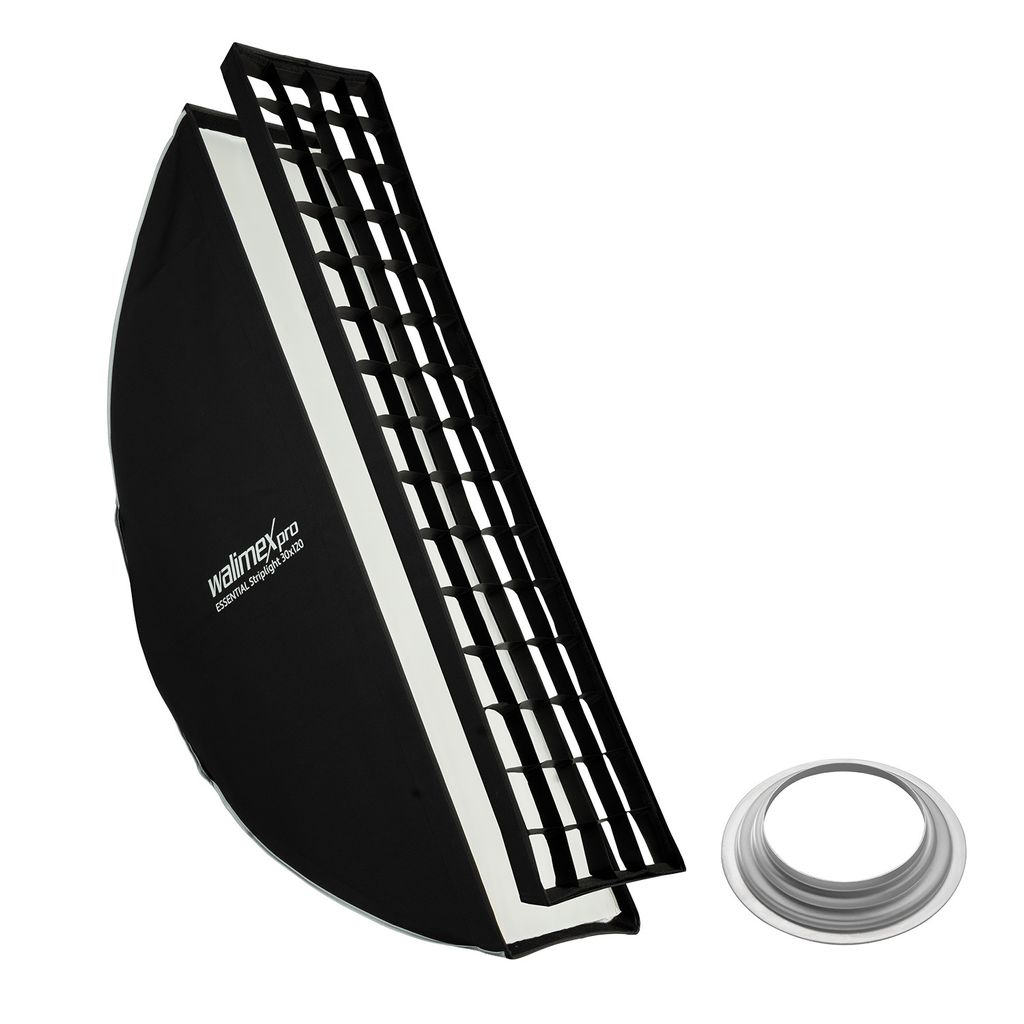 Walimex pro Essential Striplight Softbox 30 x 120 cm + Hensel EH Adapter 15,2, Lichtformer 360°, einfacher Aufbau, inkl. Grid, Bowens Adapter, Tra...