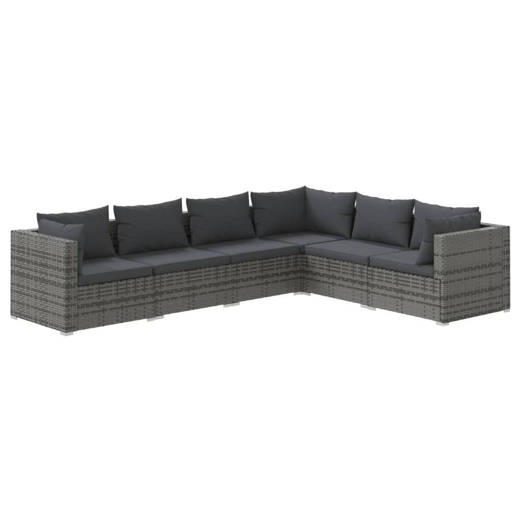 6-tlg. Garten-Lounge-Set mit Kissen Poly Rattan Grau Produktbild 