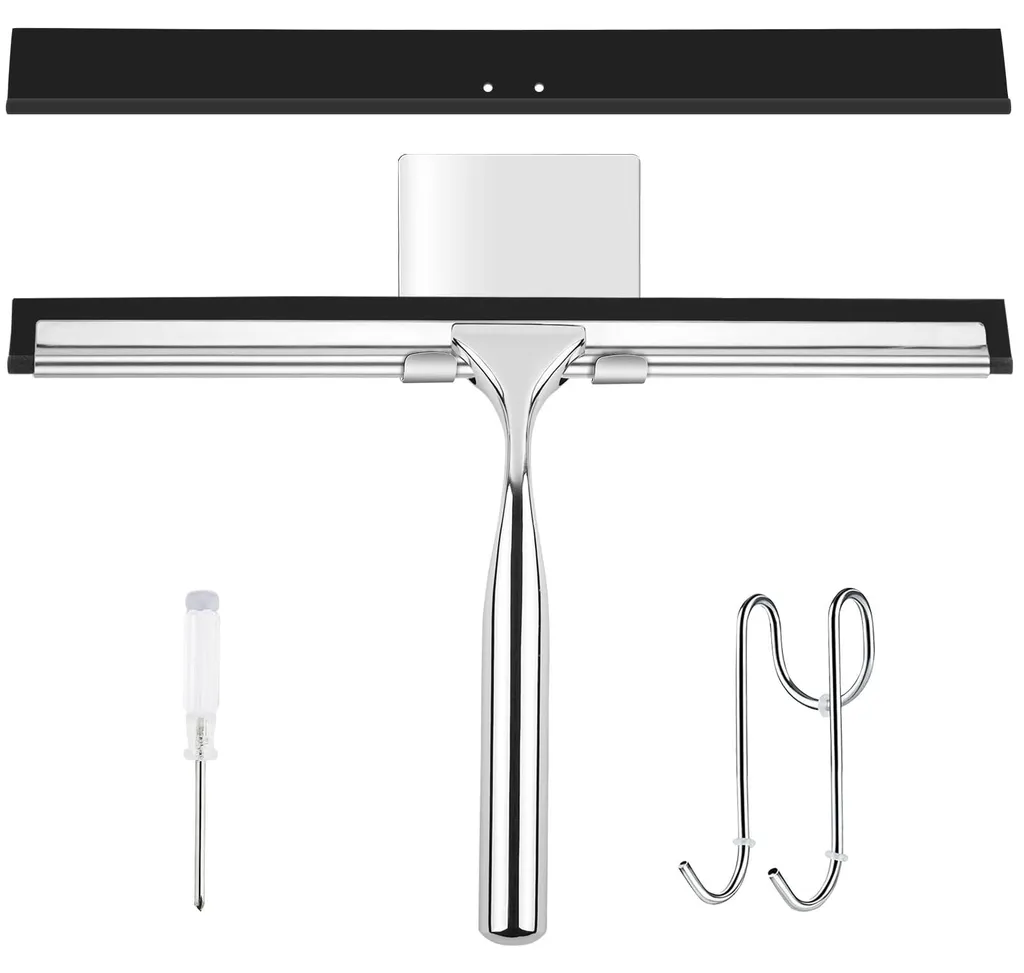 Racleur de douche en acier inoxydable avec 2 lames silicone et crochet